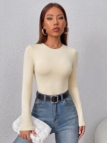 SHEIN PETITE 素色修身春季女款連身衣 - 杏色 - 查看 4