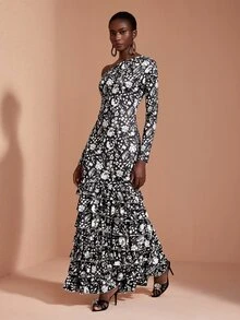 JIAN LASALA Gaun Panjang Rajut Satu Bahu Model Batwing Lengan Panjang dengan Detail Kerut dan Beberapa Lapisan, Elegan untuk Liburan. - MultiWarna - View 5