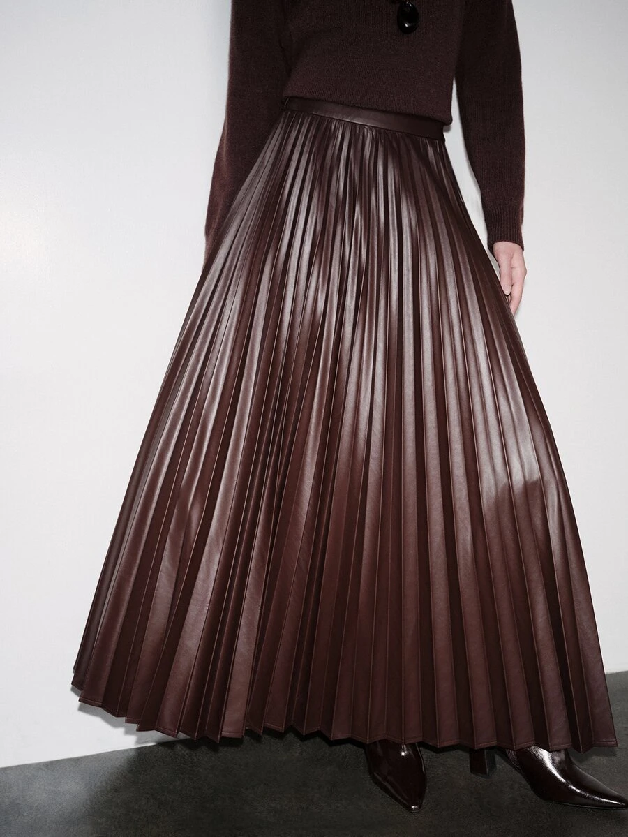 Anewsta Women's Romantic Elegant Textured Pleated PU Skirt, Suitable For Holiday, Daily Wear, Party, Date, Commute And Other Occasions - Coffee Brown - View 1