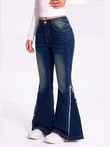 TWEEN GIRLS Tween GirlsDenim Jeans, Vintage Washed Color, Street Style Fashion, Distressed Washed Ripped Hem, Flared Leg, Versatile Fashion New Style - Blue - View 10