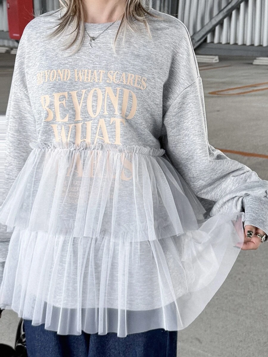 FRIFUL Women's Autumn Casual Mesh Patchwork Slogan Print T-Shirt - Grey - View 1