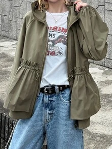 FRIFUL Women's Casual Drawstring Waist Hooded Jacket, Autumn - Army Green - View 1