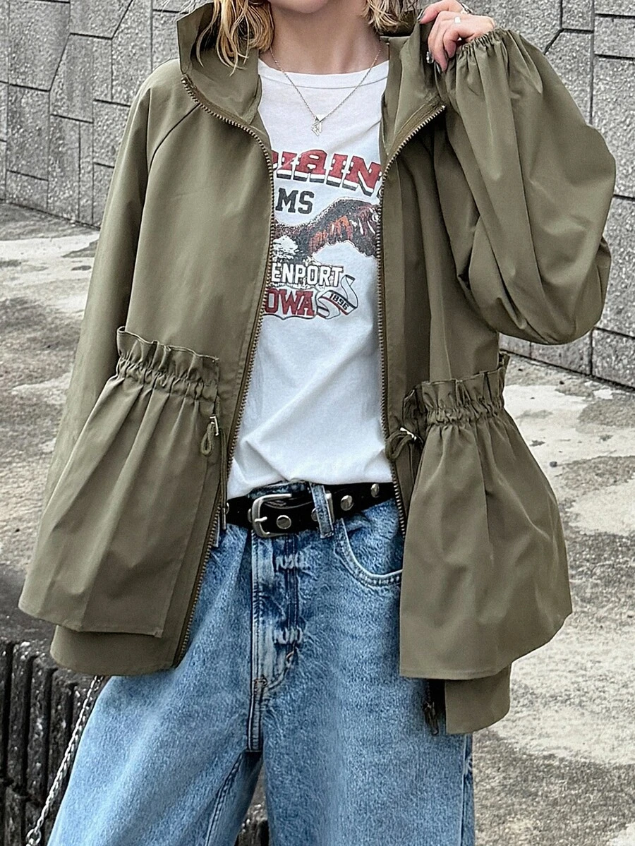 FRIFUL Women's Casual Drawstring Waist Hooded Jacket, Autumn - Army Green - View 1