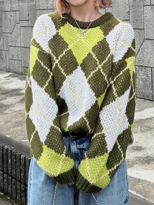 FRIFUL Women's Vintage Vacation Jacquard Long Sleeve Sweater, Fashionable And Versatile Fall Plaid - Khaki - View 4