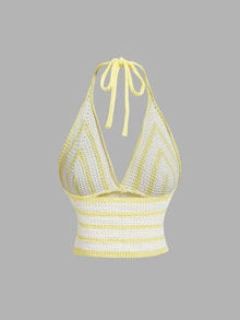 SHEIN MOD 女款條紋休閒百搭掛脖針織上衣 - 淡黃色 - 查看 2