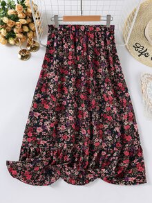 SHEIN LUNE 大尺碼女款花卉荷葉邊裙，情人節、波希米亞休閒、波希米亞音樂節、夏季、優雅約會之夜正式度假黑色 - 彩色 - 查看 2
