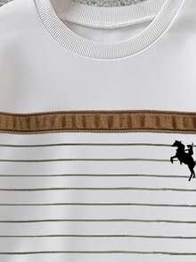 2pcs Tween Boys Sets Vintage Brown Striped Horse Pattern Loose Long Sleeve Crew Neck Back To School Fall Winter Casual Pocket - Multicolor - View 5