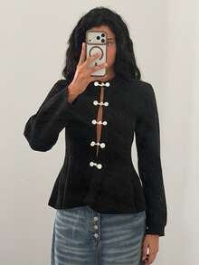 Elenzga Women's Elegant Vintage Minimalist Frog Button Long Sleeve Knit Cardigan - Black - View 5