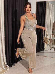 Firerie Plus Size Metal Decor Tassel Halter Neck Tie Jumpsuit - Khaki - View 7