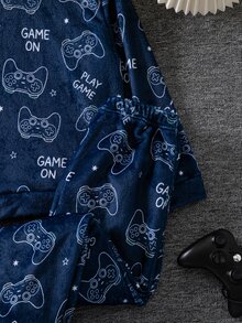 Boys Thick Flannel Hooded Home 2 Pieces Set, All-Over Print Game Controller Pattern Cuffed Long Pants Fuzzy Pajama Set - Navy Blue - View 8