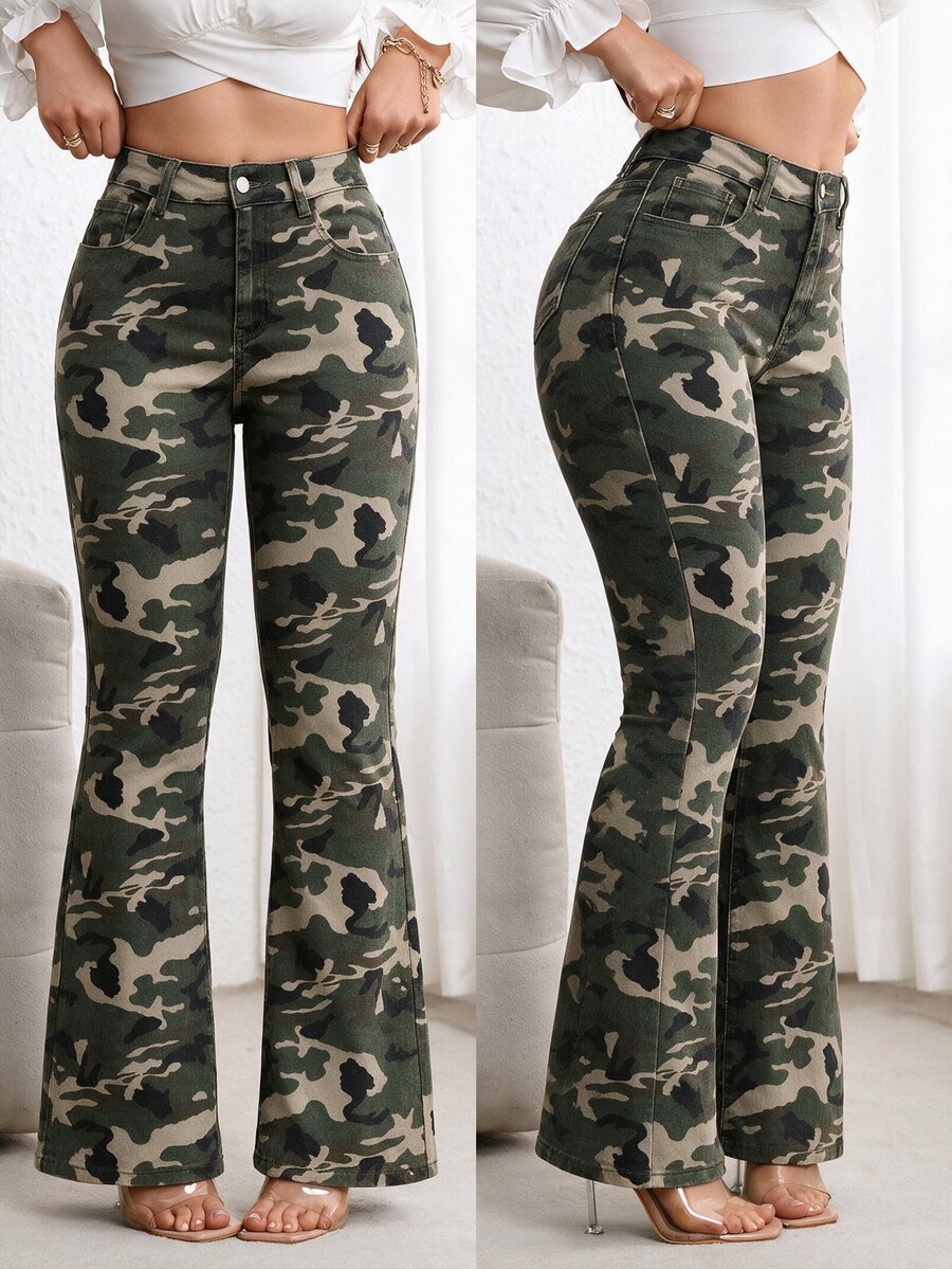 SHEIN ICON Camouflage Print Slim Fit Flare Jeans - Multicolor - View 1