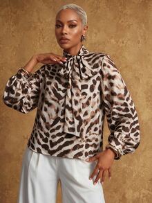 SHEIN Lunessa Women's Vintage Asymmetrical Leopard Print Bow Collar Petal Sleeve Blouse - Khaki - View 6