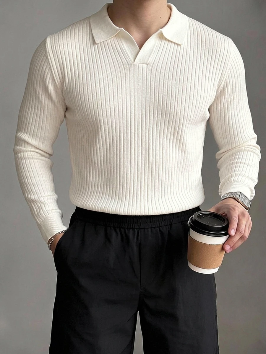 DAZY Spring/Autumn Long Sleeve White Knit Polo Collar Commuter Korean Style Men's Sweater - White - View 1