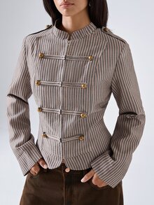 LYSMO Plus Size Women's Autumn/Winter Napoleon Military Style Striped Long Sleeve Zipper Jacket Fall - Multicolor - View 3