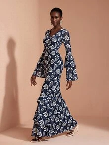 JIAN LASALA Mesh Long Double Layers Sleeve V Overlapped Neckline Uneven Hem Long Dress Vacation Elegant - Multicolor - View 4