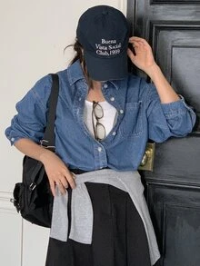 DAZY 淺洗藍色領口口袋寬鬆長袖牛仔上衣，春/夏/秋 - 藍色 - 查看 2