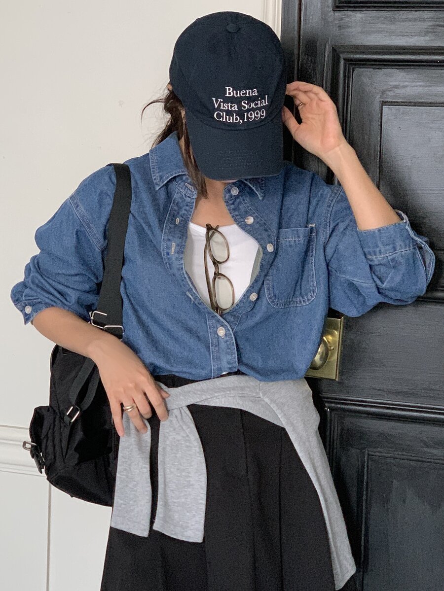 DAZY Light Wash Blue Collared Pocket Loose Long Sleeve Denim Top, Spring/Summer/Autumn - Blue - View 1