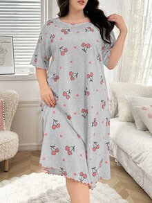 SHEIN 櫻桃印花短袖大尺碼睡裙 - 彩色 - 查看 1