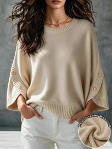 SHEIN 女款優雅休閒春秋冬季素色杏色圓領寬鬆落肩七分袖慵懶針織套頭毛衣 早午餐穿搭 - 杏色 - 查看 4