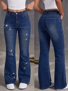 SHEIN Teen Girls Shiny Heart Rhinestone Dark Blue Denim Stretch Skinny Flare Jeans - Medium Wash - View 2