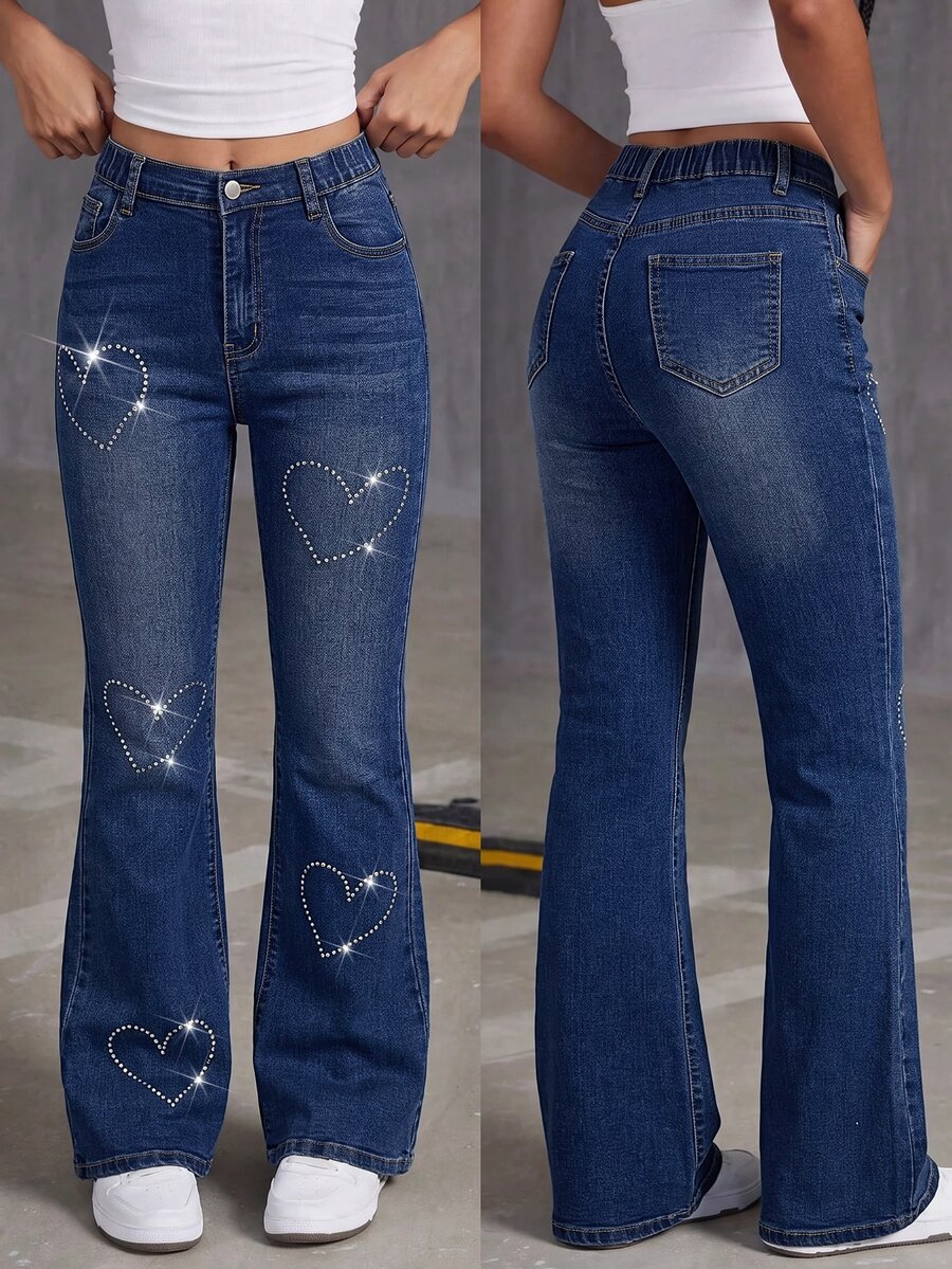 SHEIN Teen Girls Shiny Heart Rhinestone Dark Blue Denim Stretch Skinny Flare Jeans - Medium Wash - View 1