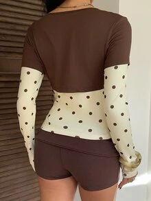CovetEZ Women's Polka Dot 2 In 1 Colorblock Casual Daily T-Shirt - Brown - View 2