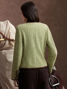 Zovinel Lyocell Wool Fabric With Suede Binding Women's Vintage Elegant Button Long Sleeve Pocket Jacket Business,Casual Work,Elegant Fall Autumn/Winter - Green - View 2