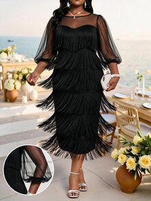 SHEIN Lady Plus Size Women's Contrast Mesh Multi-Layer Tassel Hem Elegant Dress - Black - View 1