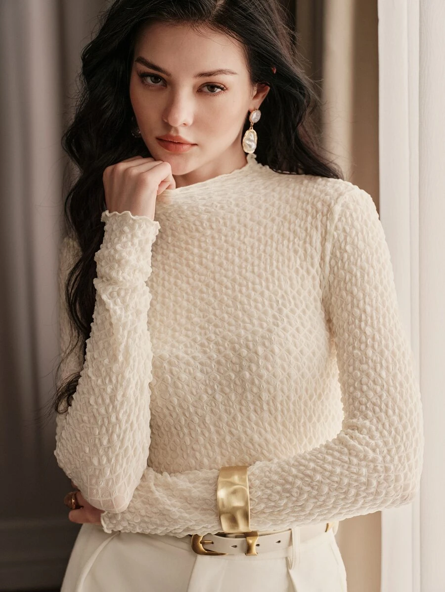 Anewsta Áo blouse ren cổ cao bèo nhún sóng mềm, họa tiết kim cương 3D, dáng ôm, tay dài, màu trơn, lớp mặc trong đi làm - trắng - Xem 1