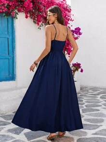 Vivid Eden 藍白花卉夏季波西米亞度假洋裝女款，無袖刺繡飄逸太陽裙，優雅海灘熱帶郵輪穿搭 - 藏蓝色 - 查看 2
