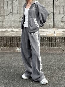 FRIFUL Setelan 2 Potong Wanita: Sweatshirt Lengan Panjang Berkerudung Berpayet dan Celana Patchwork Renda untuk Musim Gugur - Grey - View 3