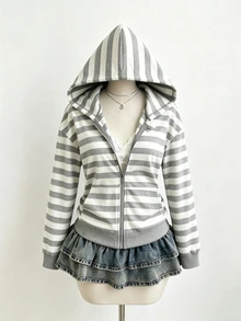 SHEIN Sparklyn 1件青少年休閒拉鍊連帽衛衣，灰白條紋短版，春/秋新款 - 彩色 - 查看 6