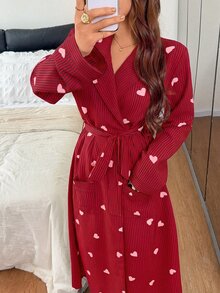 Napfluff Jubah Wanita Lengan Panjang Berkerah Motif Garis Hati dengan Sabuk - Merah - View 3