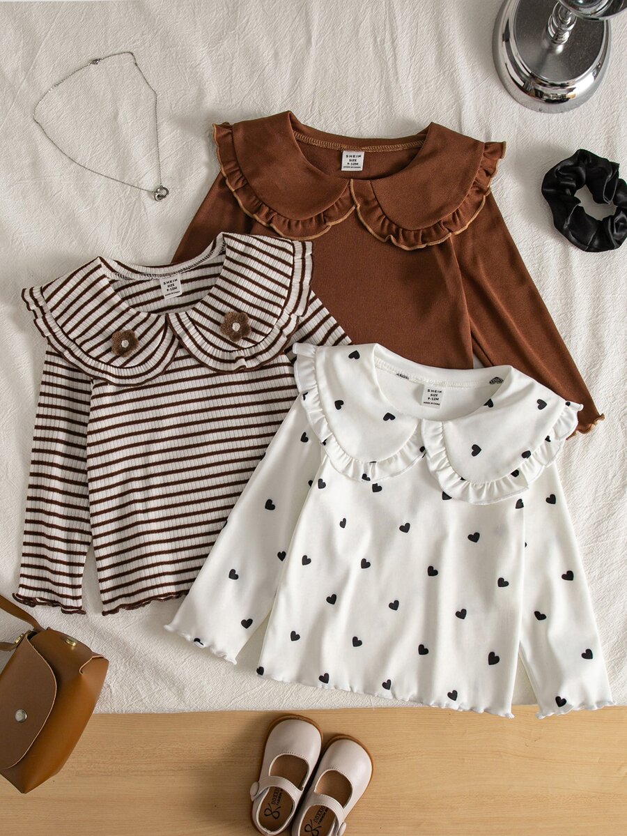 SHEIN Playful Pals 3pcs/Set Baby Girl Sweet Cute Peter Pan Collar Striped Long Sleeve T-Shirt Heart Print Undershirt Coffee Color Top Combination Autumn Inner Wear Simple Daily Outfit - Coffee Brown - View 1