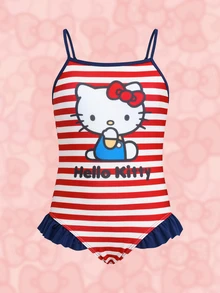 HELLO KITTY AND FRIENDS | SHEIN Tween Girl Striped Casual One-Piece Swimsuit For Beach Vacation - Red - View 3