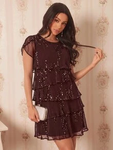 Amorya Đầm ngắn thời trang nữ màu trơn nâu đậm, tay ngắn cánh hoa, đính sequin, bèo nhún nhiều lớp, phong cách thanh lịch gợi cảm cho tiệc cocktail, đi chơi đêm mùa hè - màu nâu - Xem 6