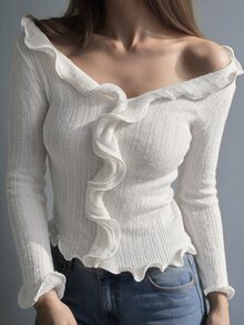 DAZY Women's Elegant T-Shirt With Frill Trim - White - View 1