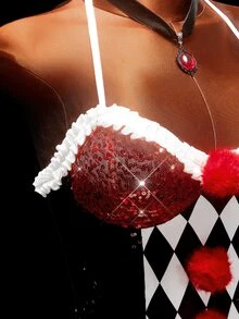 Amplova Women's Sexy Bodysuit With Side Lace Patchwork, Halloween Clown Cosplay Costume, Avant-Garde - Red and White - View 9