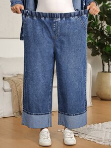 Elaquor Plus Size Top & Jeans Two Pieces Set,Button-Down Shirt And Cuffed Wide-Leg Jeans,Denim Shirt And Jeans Set,Halloween,Christmas,Party ,Elegant,Boho - Blue - View 5