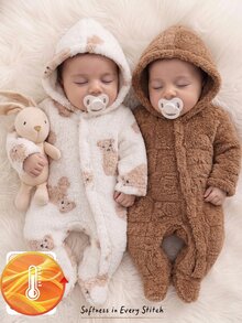 2pcs Newborn Home Romper Set, Soft Cotton Fleece, Hooded Design, Front Zipper For Easy Dressing, Full Foot Coverage, Bear Print + Plush Jacquard, Home & Outdoor Wear, 2 Colors Available - Multicolor - View 5