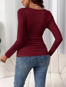 SHEIN Kaos Hamil Warna Polos Leher Bulat Lengan Panjang Slim Fit Kasual Serbaguna - Merah - View 2