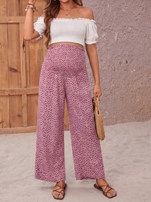 SHEIN 孕婦小碎花荷葉邊腰寬腿寬鬆長褲 - 藕粉色 - 查看 3