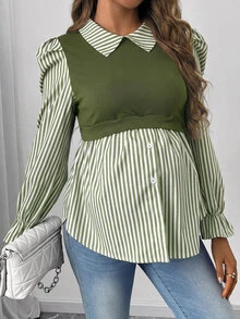 SHEIN 孕婦秋季休閒條紋拼接哺乳上衣 - 軍綠色 - 查看 5
