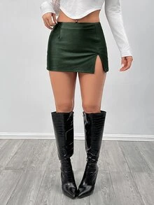 SHEIN PETITE PU高彈性皮革低腰迷你裙 - 軍綠色 - 查看 1
