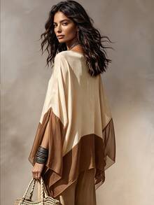 SHEIN New Women's Patchwork Contrast Color Versatile Slimming Loose Fit Blouse - Khaki - View 4