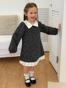 Dazy Kids Young Girl) Waist-Cinching Long Sleeve Contrast Color Lapel Princess Bow Decor Elegant Autumn Dress - Black - View 5