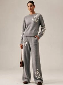 SHEIN Orluneo Sweater Rajut Pullover Motif Bunga Abu-abu Musim Gugur/Dingin, Sweater Lengan Panjang Leher Bulat Longgar - Grey - View 1