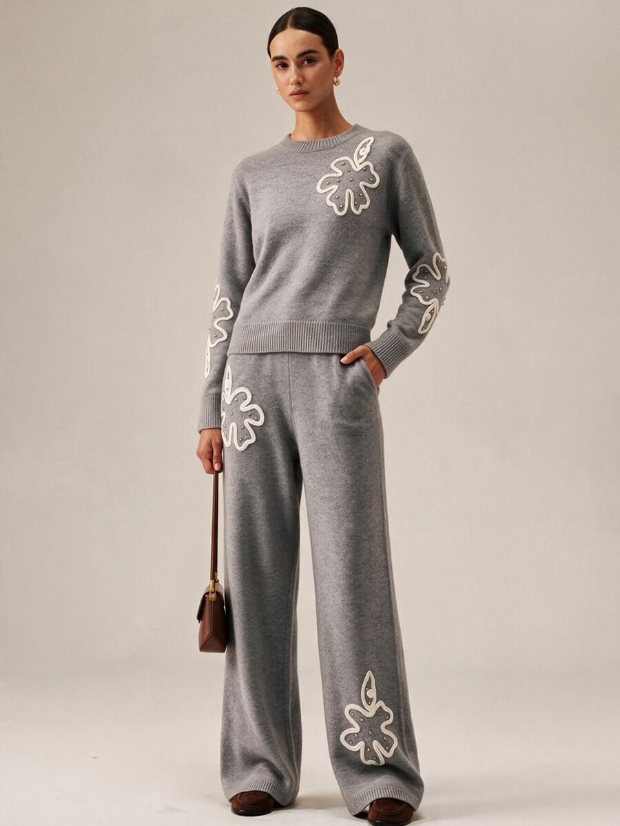 SHEIN Orluneo Sweater Rajut Pullover Motif Bunga Abu-abu Musim Gugur/Dingin, Sweater Lengan Panjang Leher Bulat Longgar - Grey - View 1