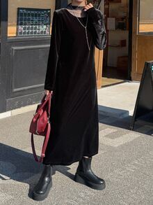 FRIFUL Women's Autumn Velvet Contrast Mesh Long Dress - Black - View 3