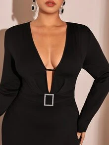 Cravure Plus Size Women's Elegant Glamorous High Slit Rhinestone Buckle Decor Long Sleeve Deep V-Neck Black Dress, Party Evening Gown - Black - View 3